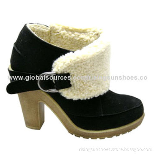 Women's dress boots, fake suede upper, with fur edge, comfortable rubber sole/heel, various colors